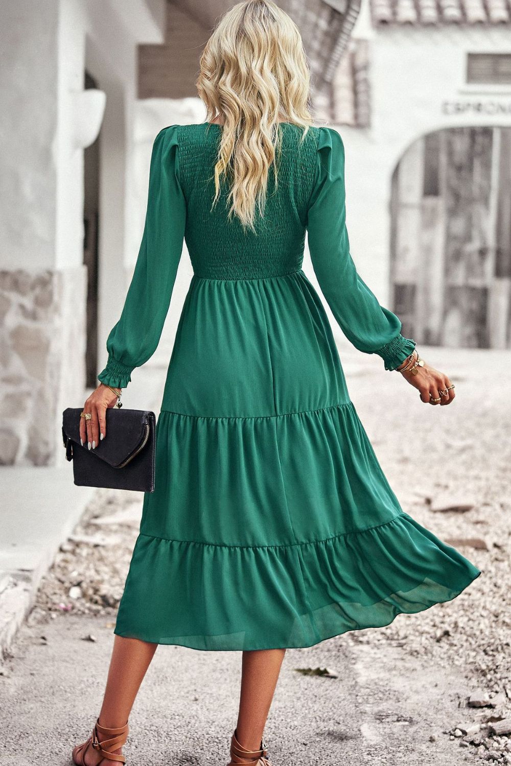 Smocked Round Neck Flounce Sleeve Midi Dress