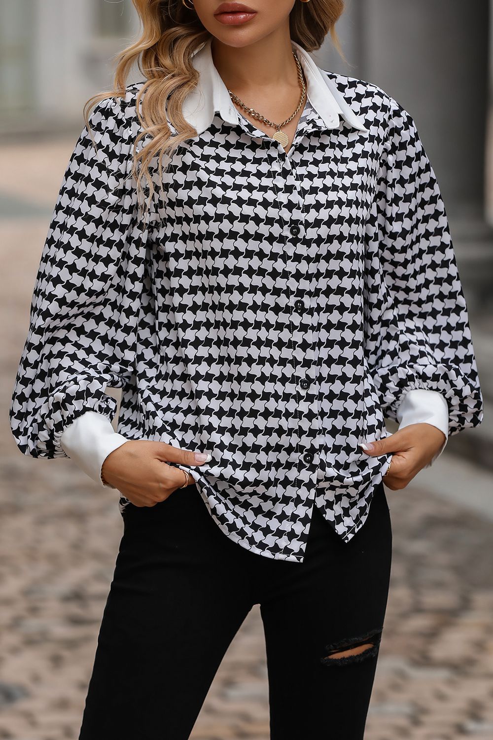 Printed Collared Neck Lantern Sleeve Shirt