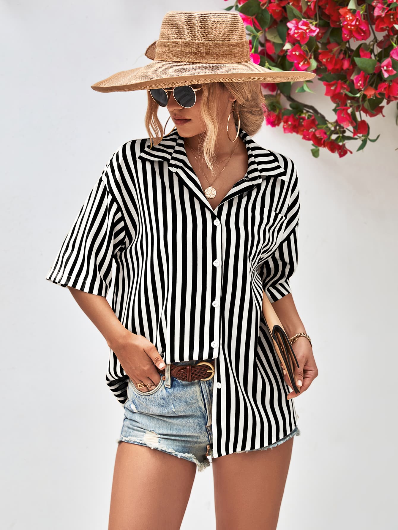 Striped Dropped Shoulder Half Sleeve Shirt