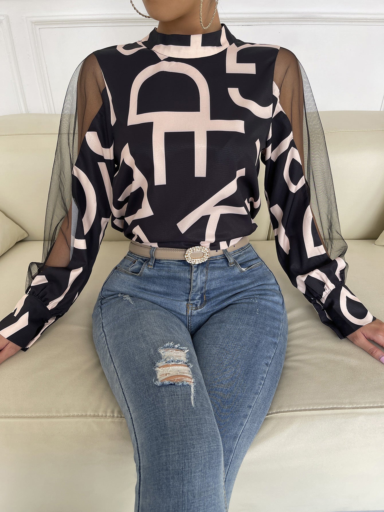 Letter Print Spliced Mesh Sleeve Blouse