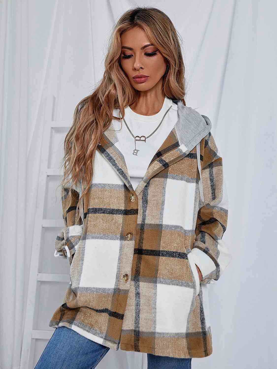 Plaid Hooded Jacket with Pockets