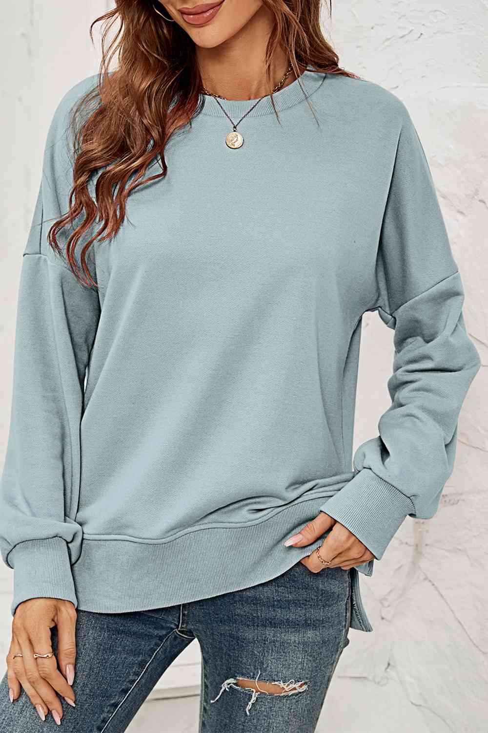 Round Neck  Dropped Shoulder Slit Sweatshirt