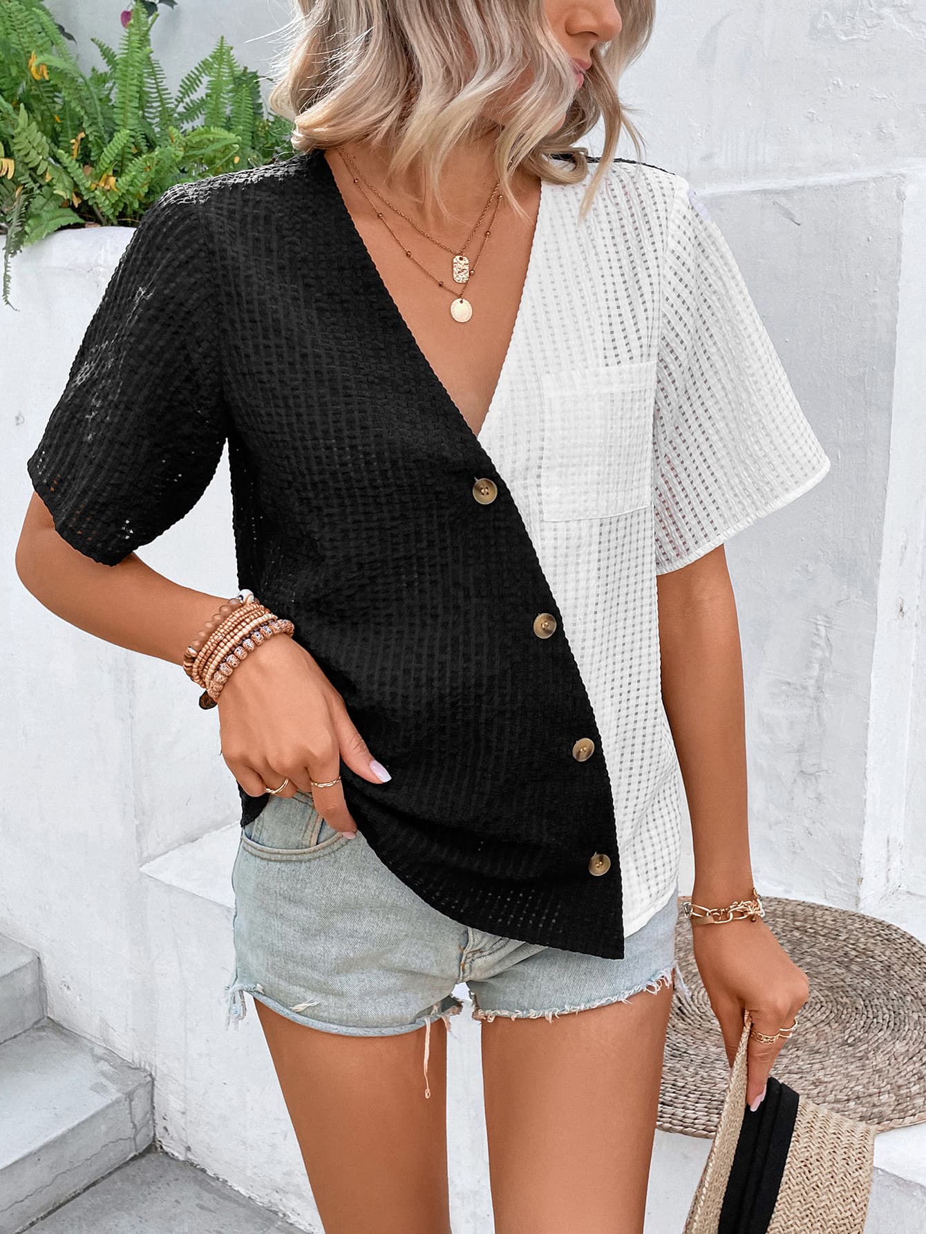 Two-Tone Buttoned Short Sleeve Top