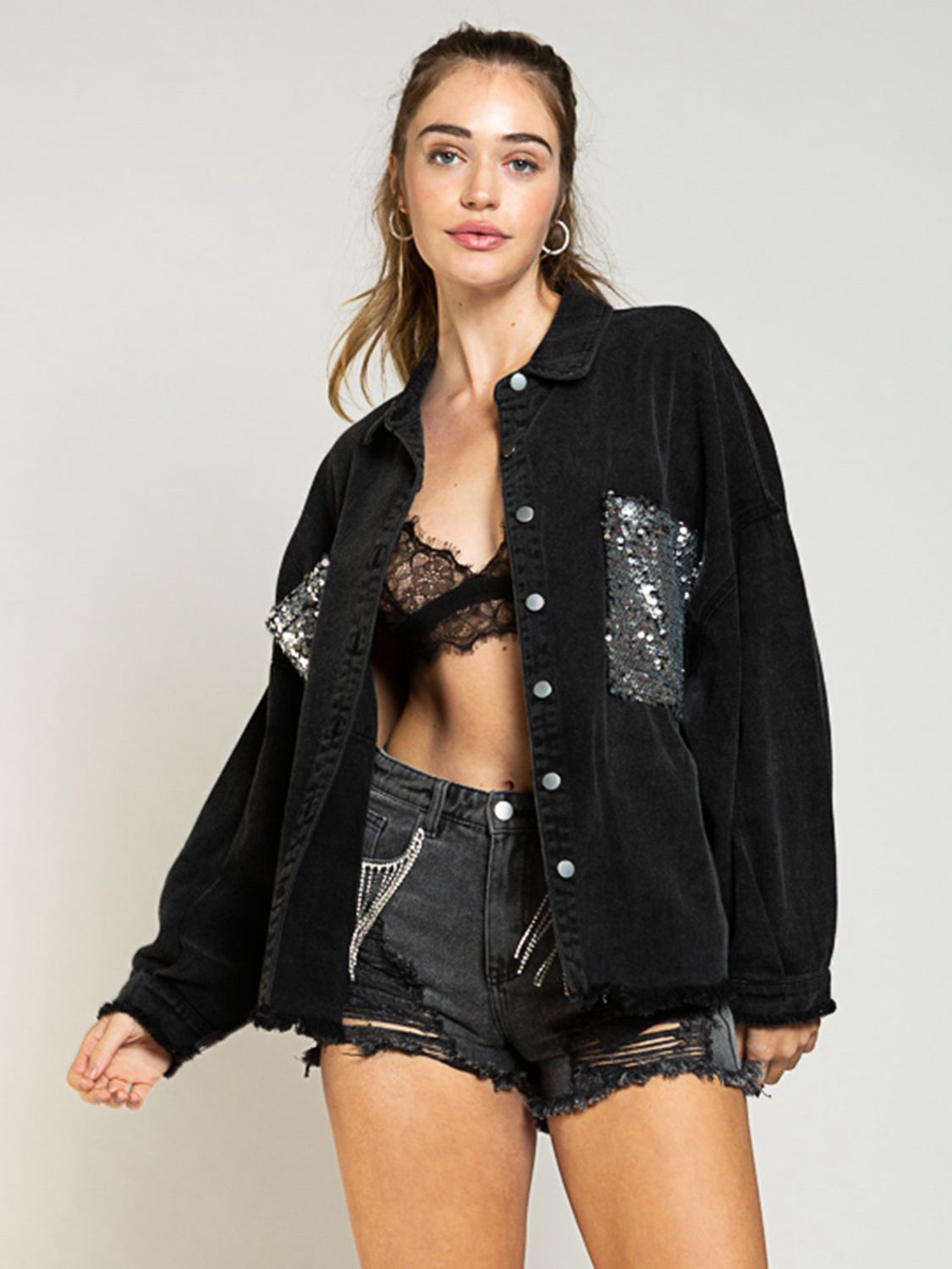 Sequin Detail Long Sleeve Denim Jacket