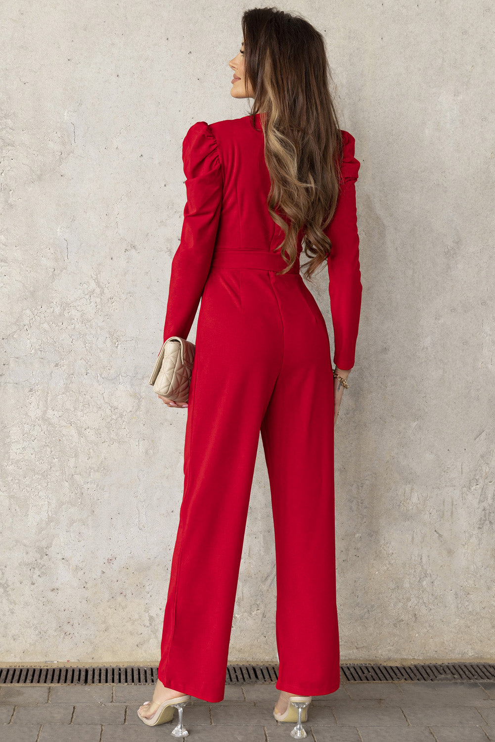 Belted Long Puff Sleeve V-Neck Jumpsuit