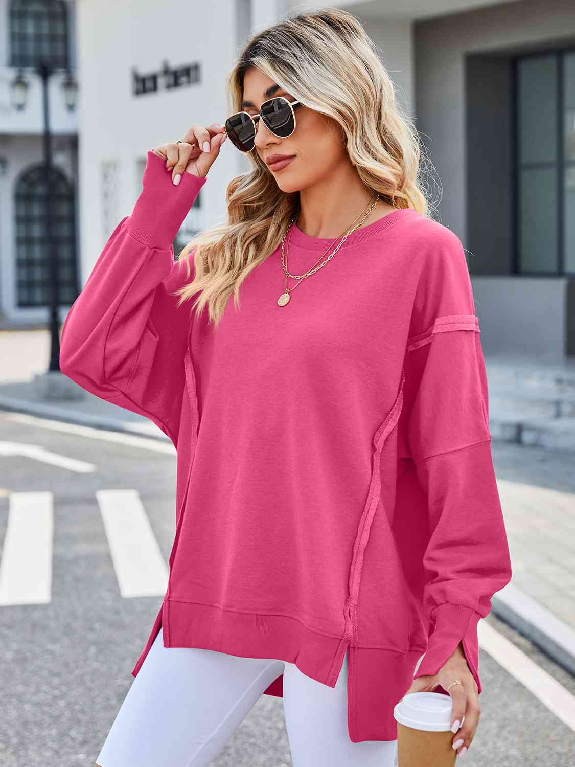 Exposed Seam High-Low Round Neck Sweatshirt