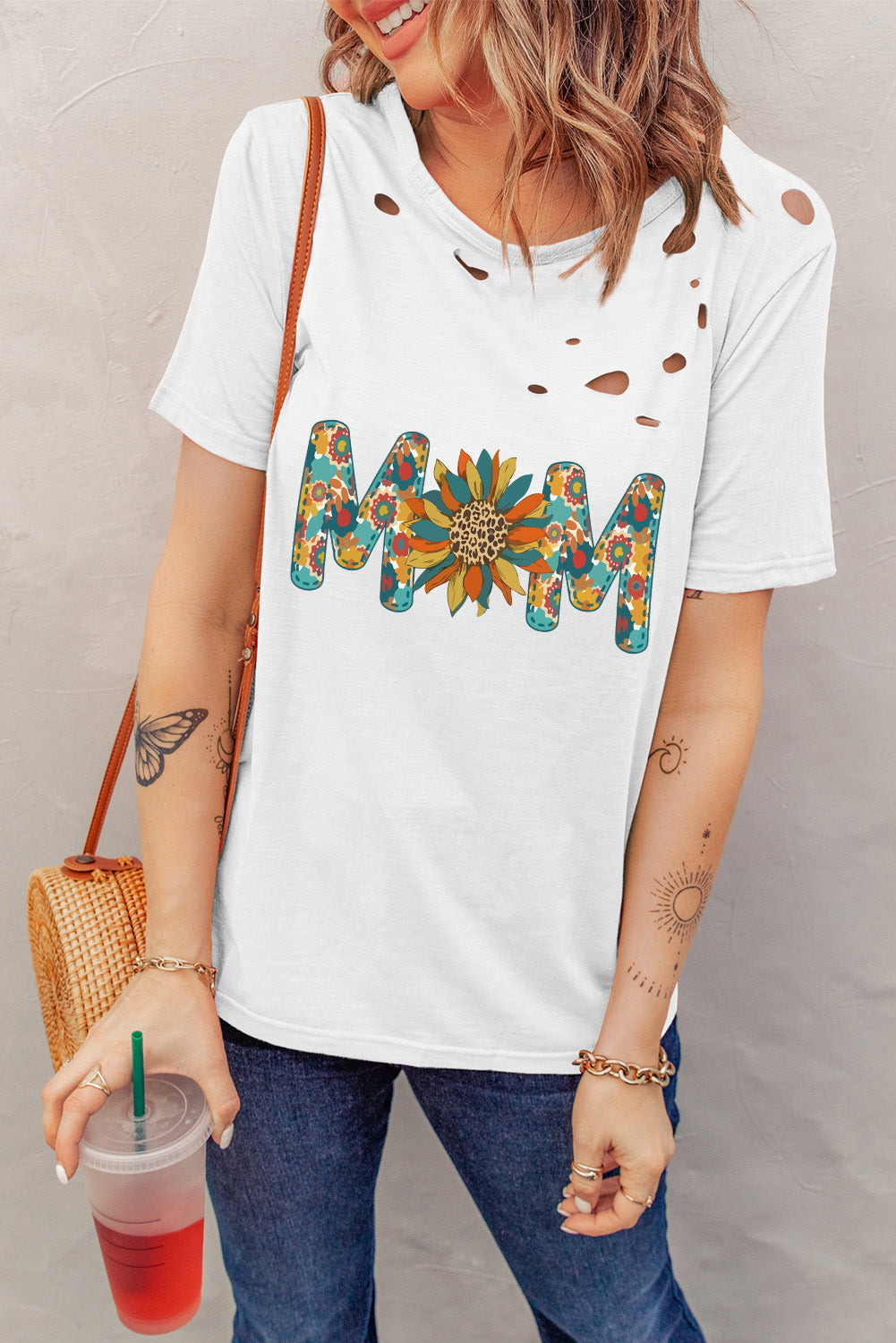 Letter Sunflower Graphic Distressed Tee