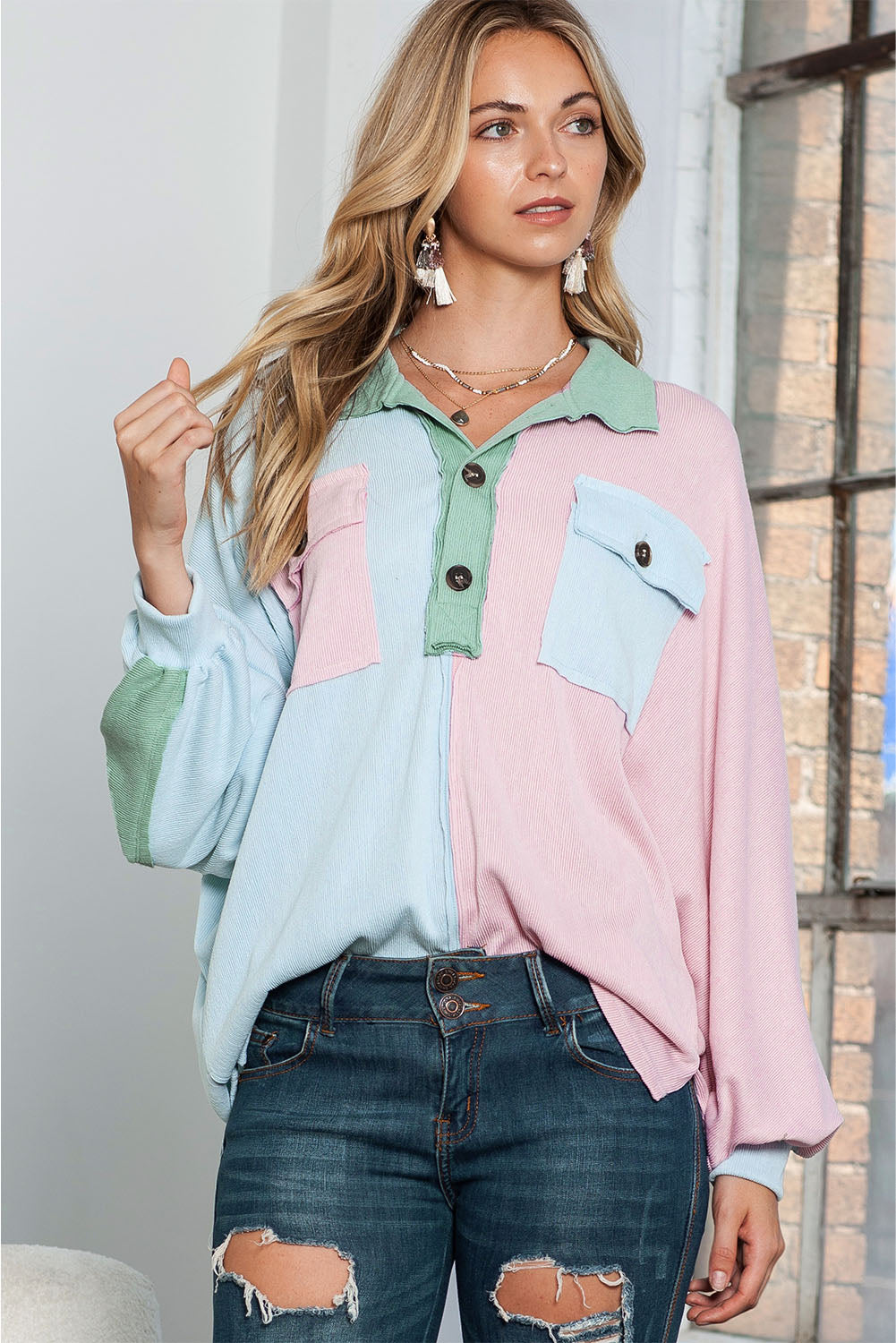 Multicolor Buttoned Long Sleeve Blouse