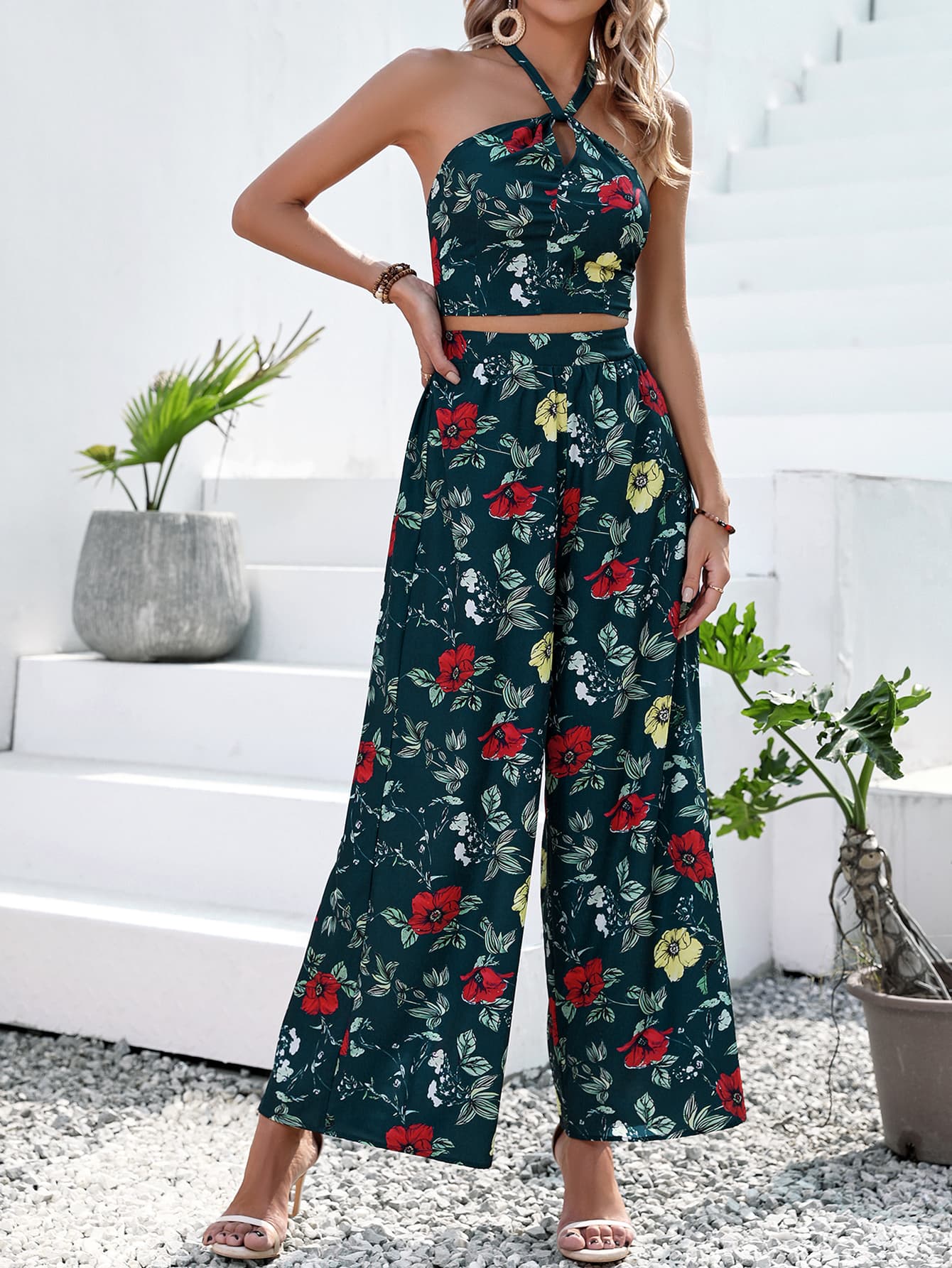 Floral Halter Neck Top and Wide Leg Pants Set