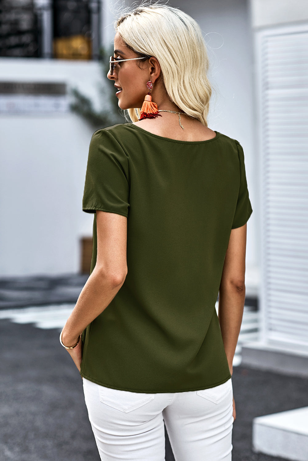 Buttoned V-Neck Short Sleeve Top