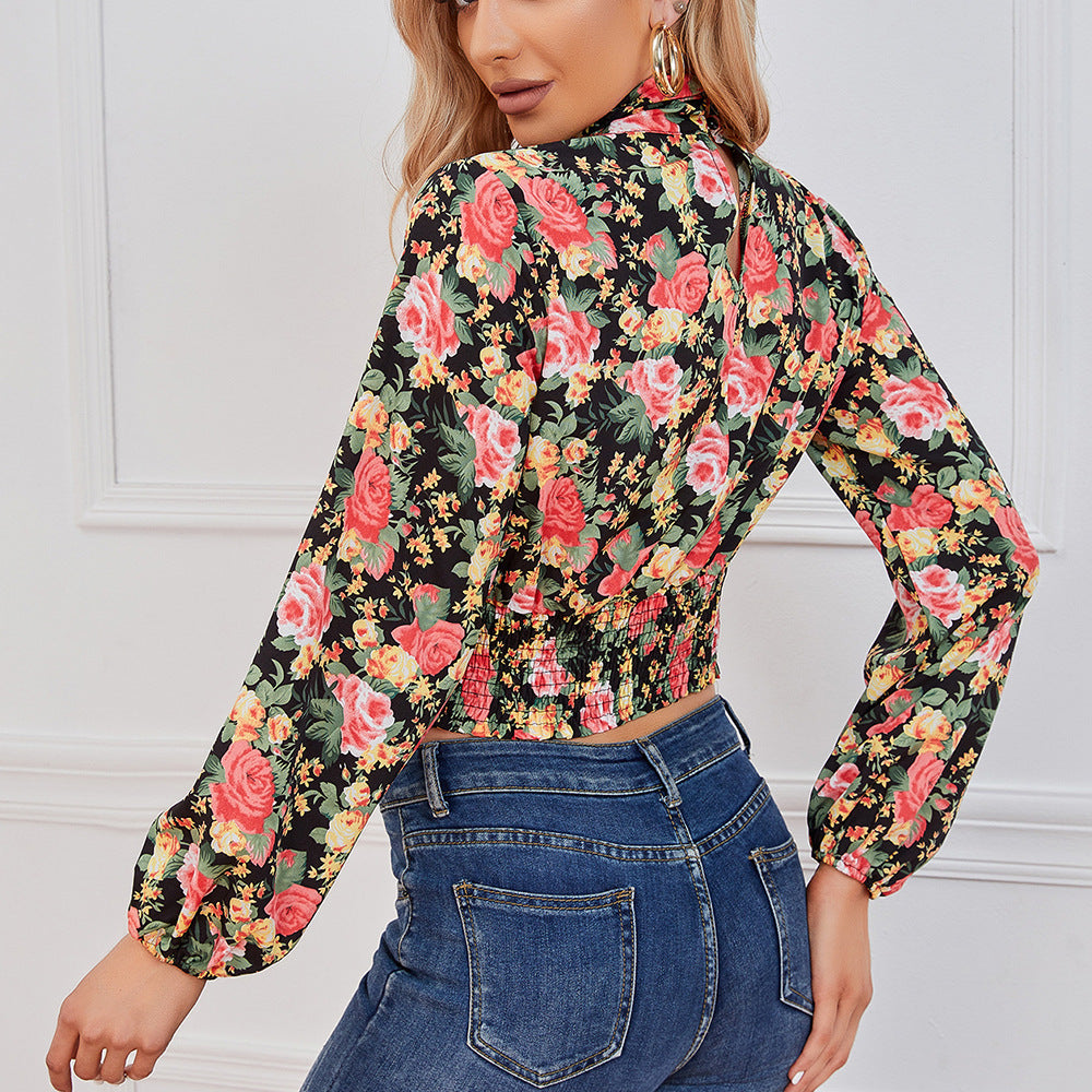 Cropped Floral Print Smocked Waist Blouse