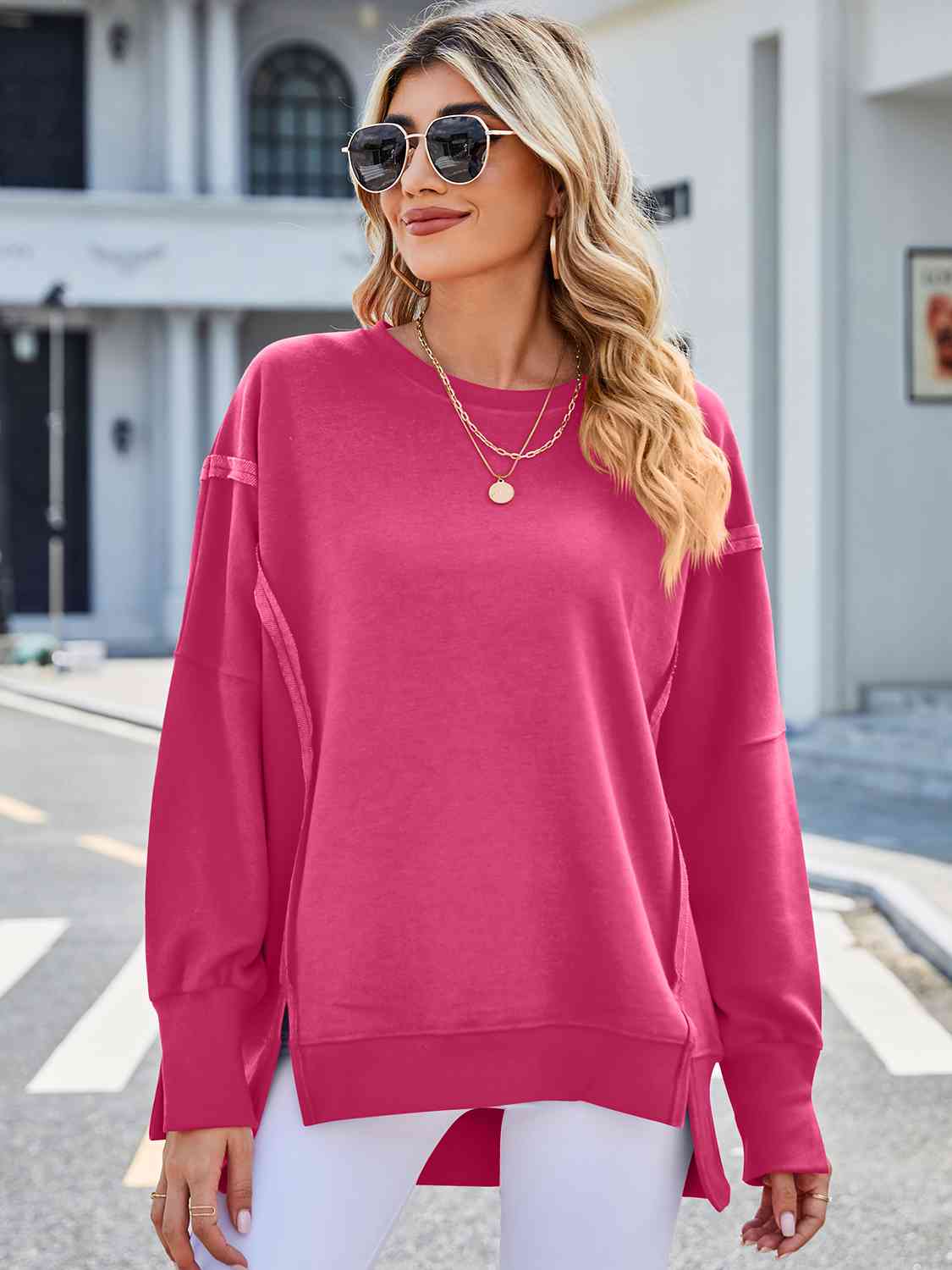 Exposed Seam High-Low Round Neck Sweatshirt