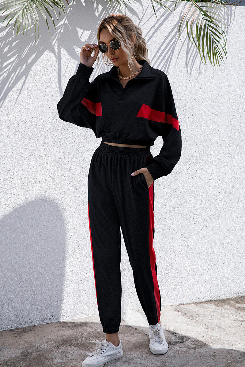 Turtle Neck Long Sleeve Zip-Up Top Long Pants Set