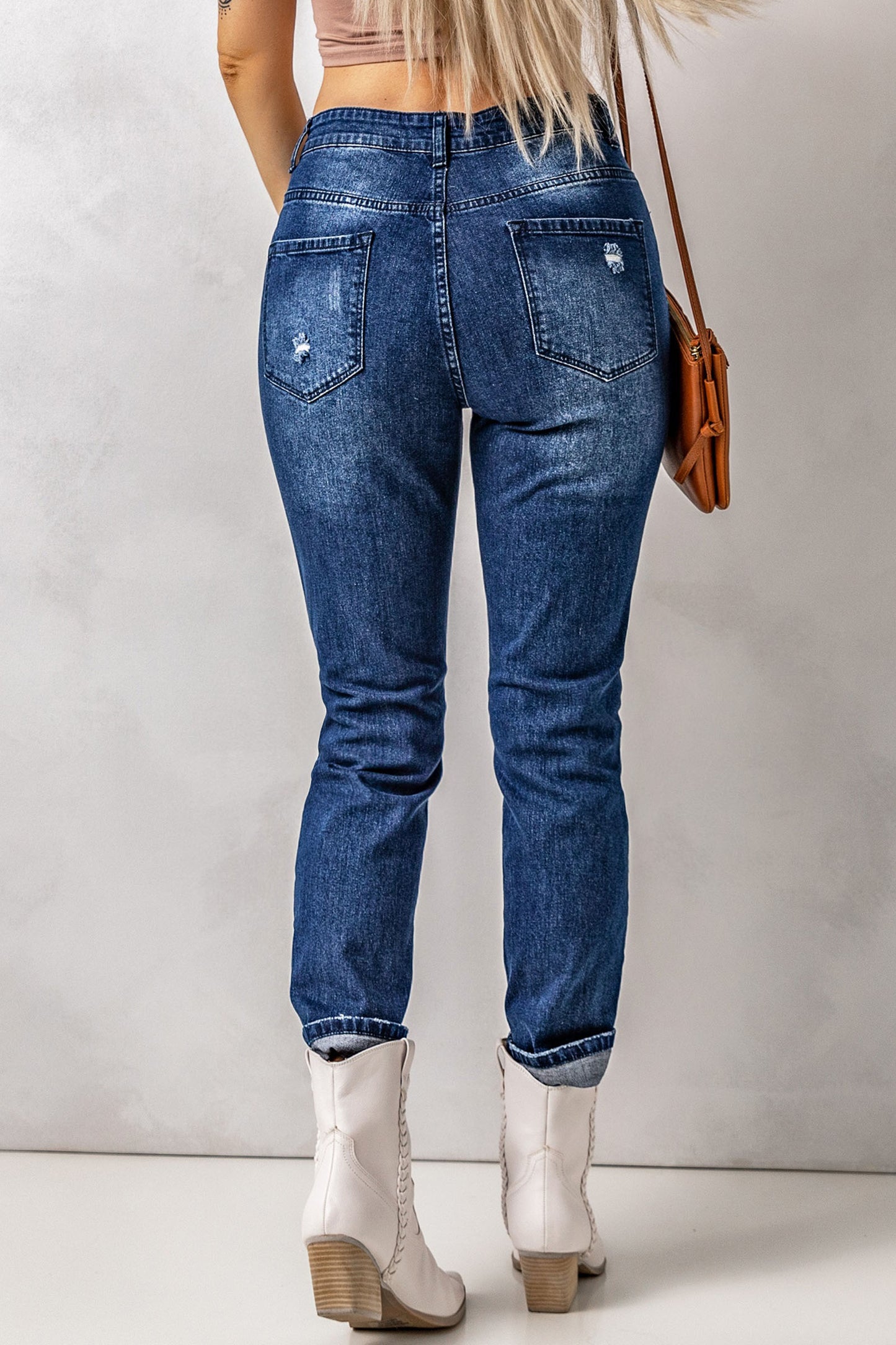 Distressed High Waist Jeans with Pockets