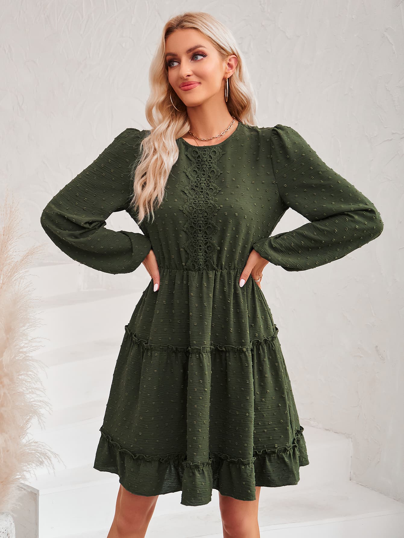 Swiss Dot Lace Trim Balloon Sleeve Dress