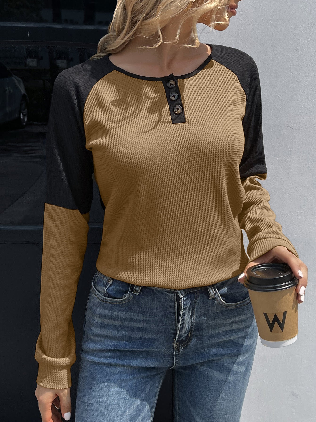 Contrast Buttoned Round Neck Raglan Sleeve Top