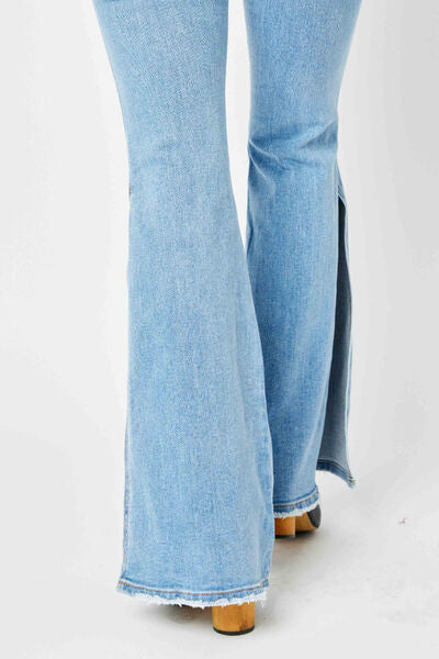 Judy Blue Full Size Mid Rise Raw Hem Slit Flare Jeans