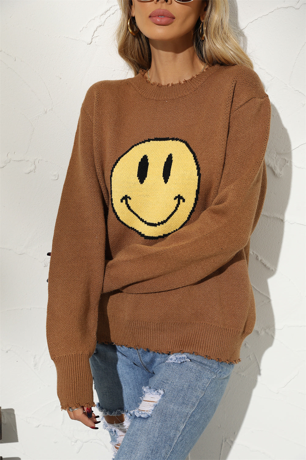 Round Neck Long Sleeve Smily Face Graphic Sweater