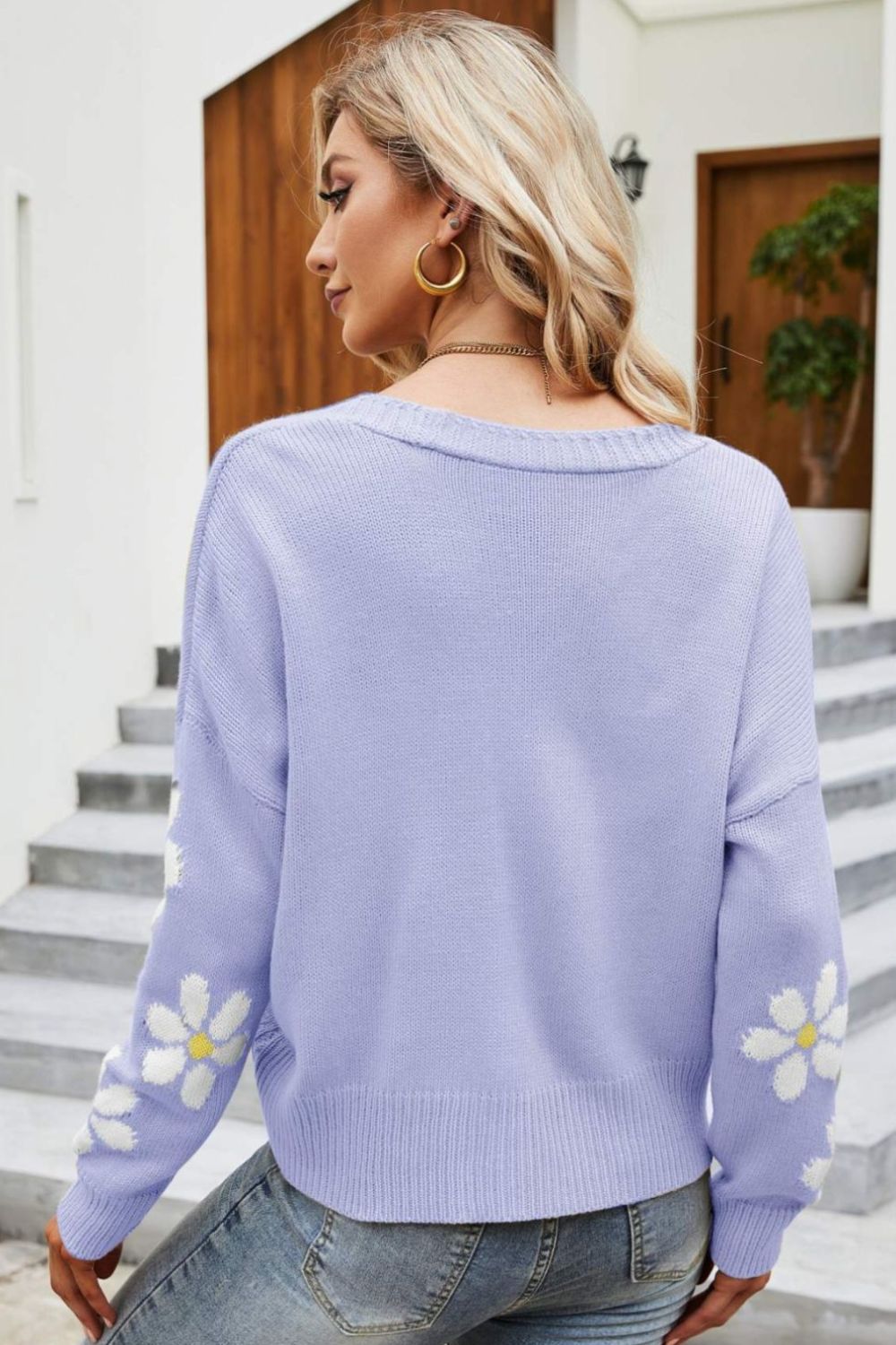 Floral Ribbed Trim Drop Shoulder Cardigan