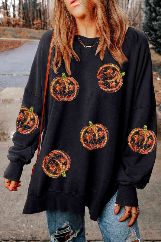 Pumpkin Print Dropped Shoulder Sweatshirt