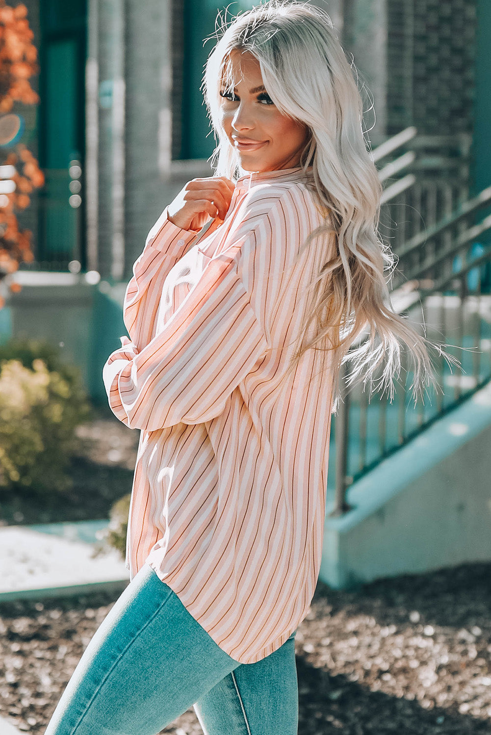 Striped Button-Up Dropped Shoulder Shirt