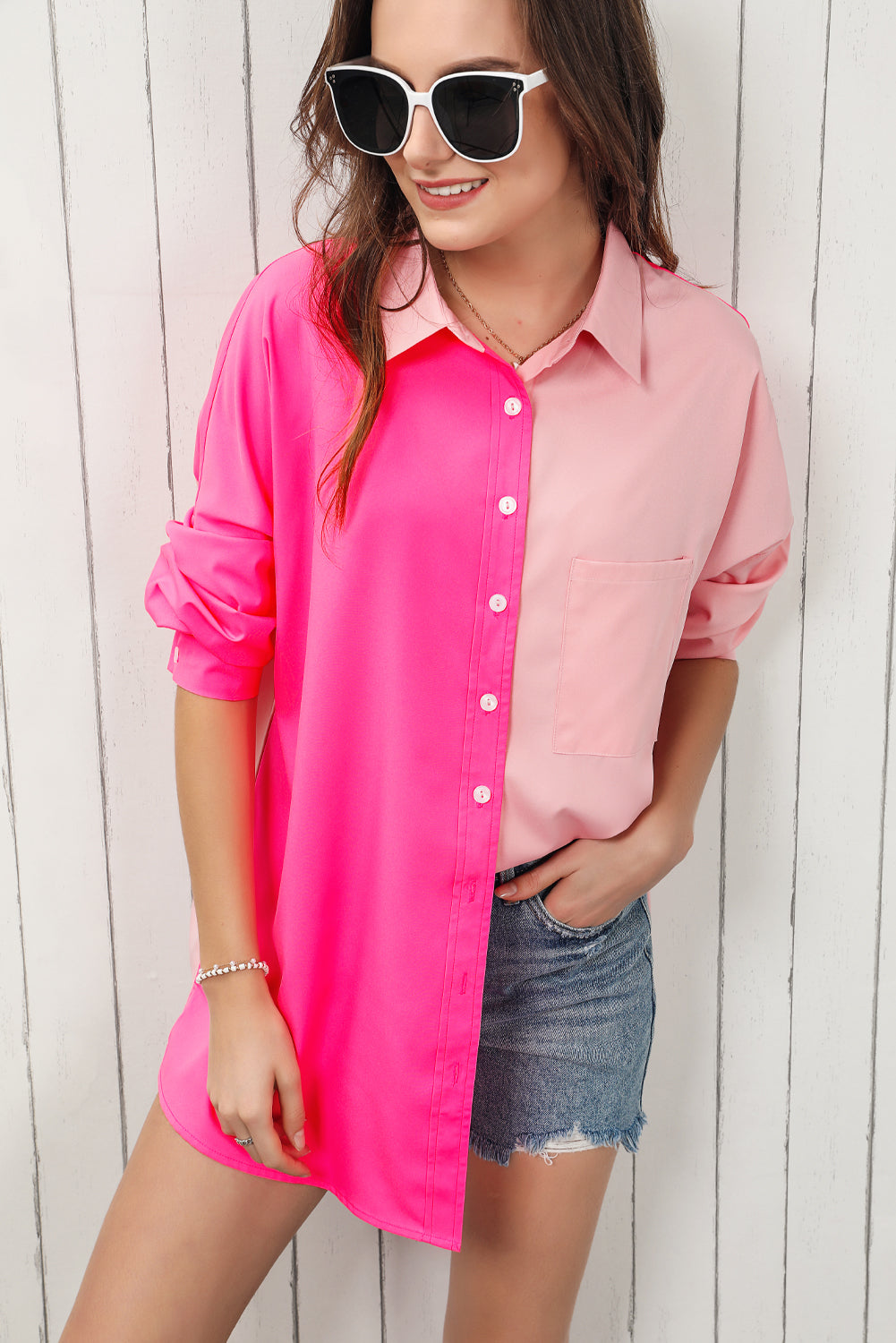 Double Take Color Block Collared Longline Shirt