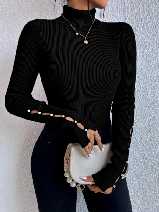 Cutout Turtleneck Rib-Knit Top