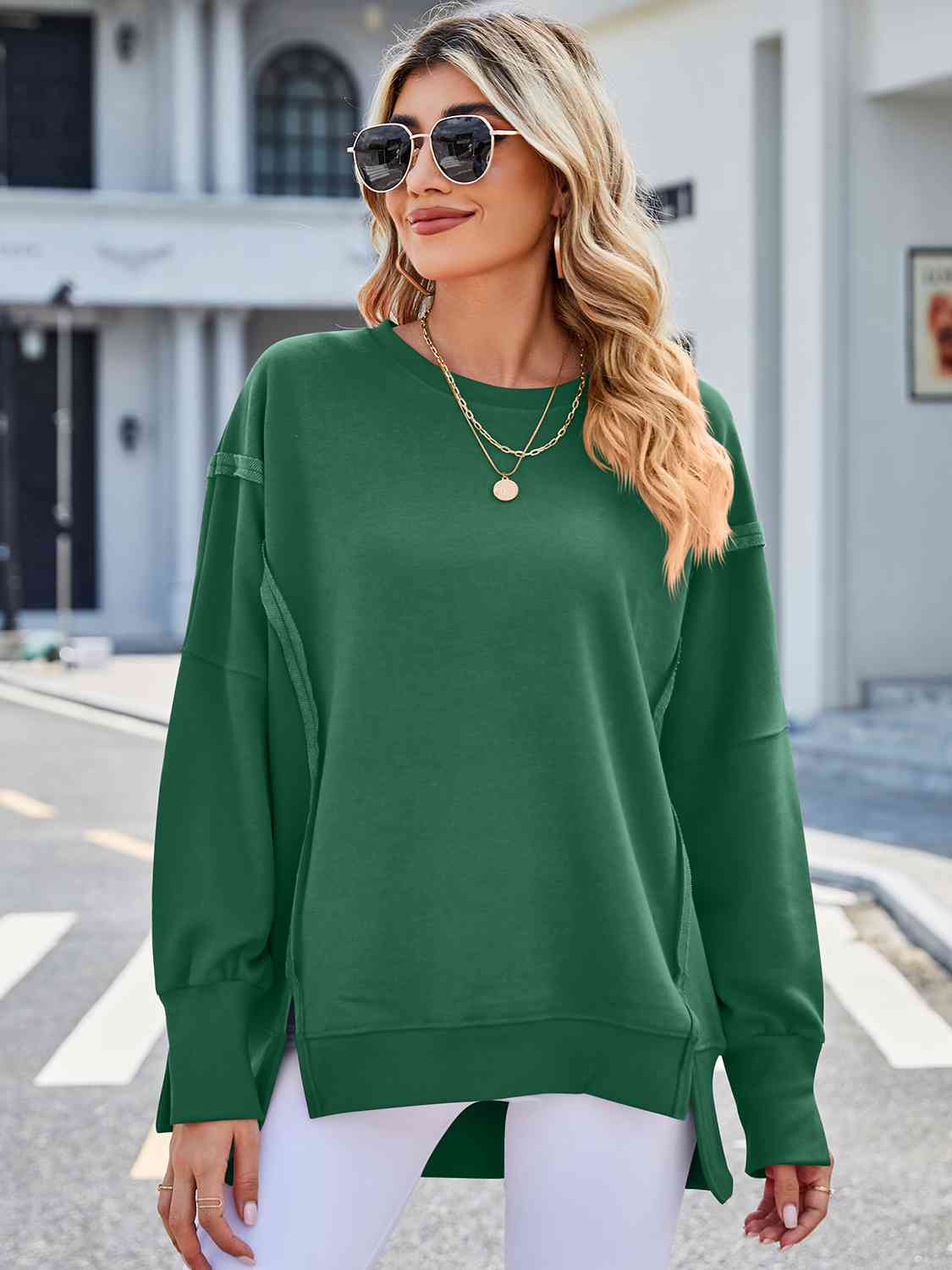 Exposed Seam High-Low Round Neck Sweatshirt