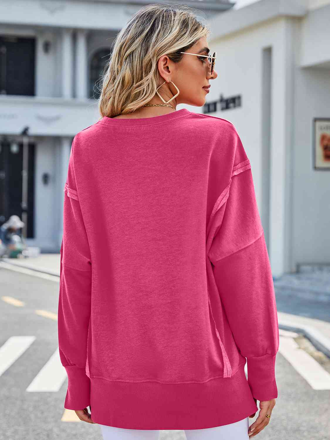 Exposed Seam High-Low Round Neck Sweatshirt