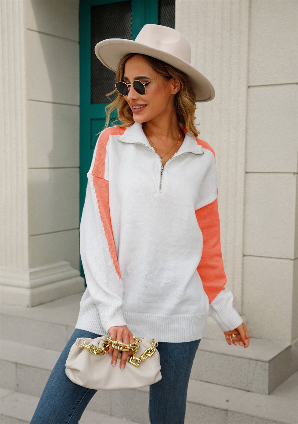 Two-Tone Collared Neck Dropped Shoulder Knit Top