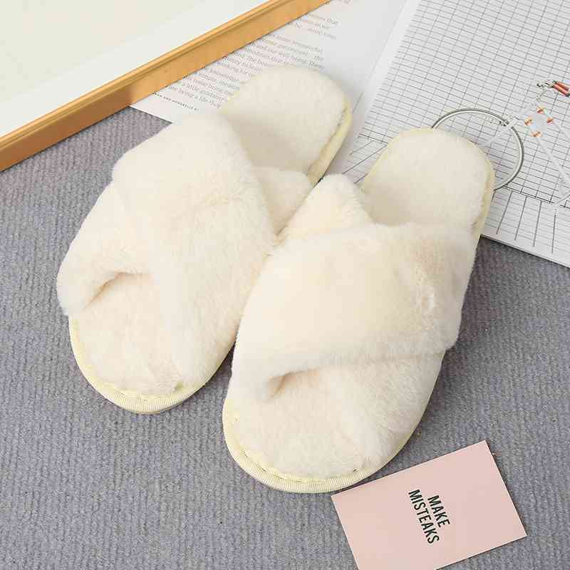 Faux Fur Crisscross Strap Slippers