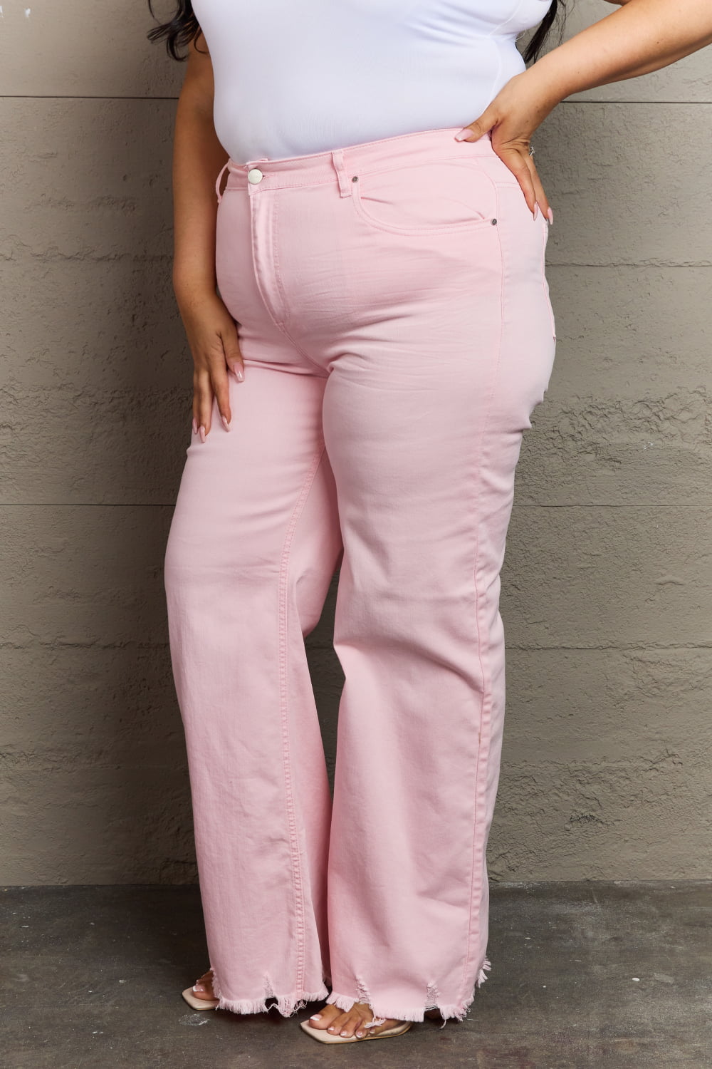 RISEN Raelene Full Size High Waist Wide Leg Jeans in Light Pink